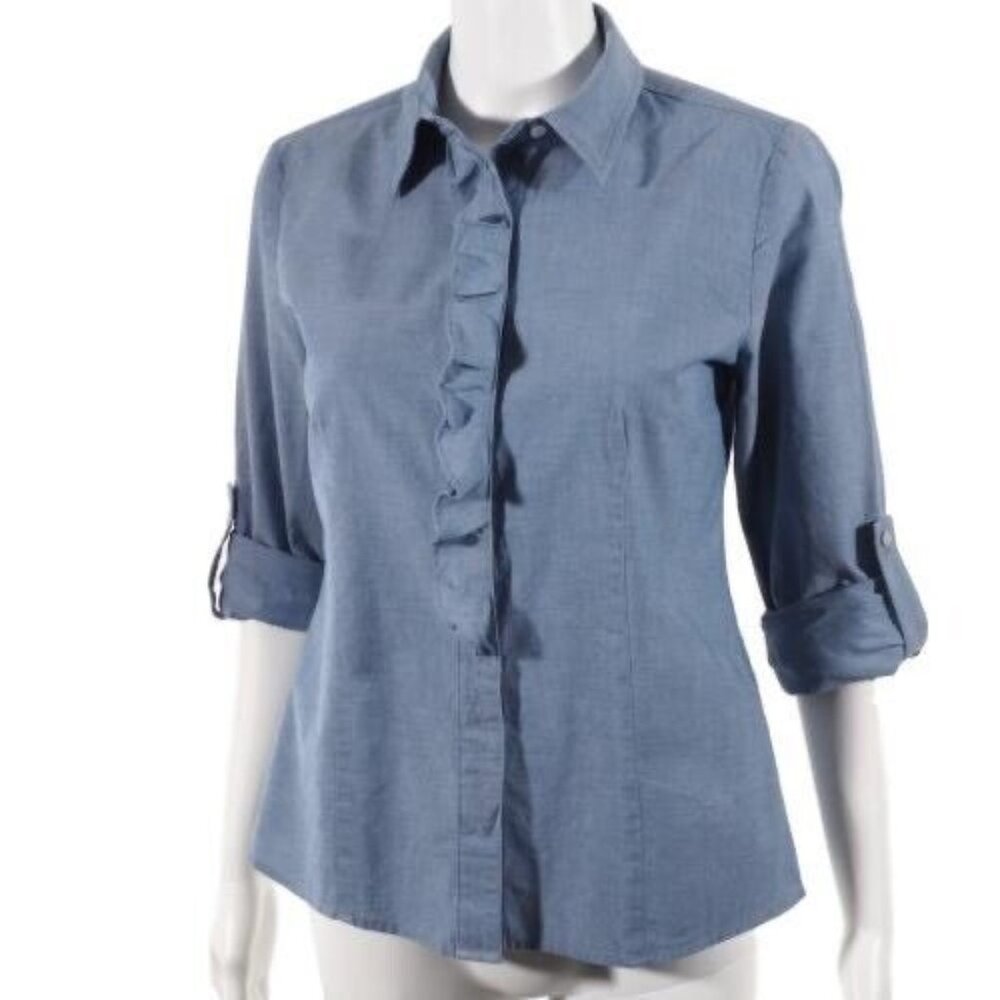 Talbots Womens Shirt Size 6 Petite Button Up Ruffled Front Roll Tab Fitted